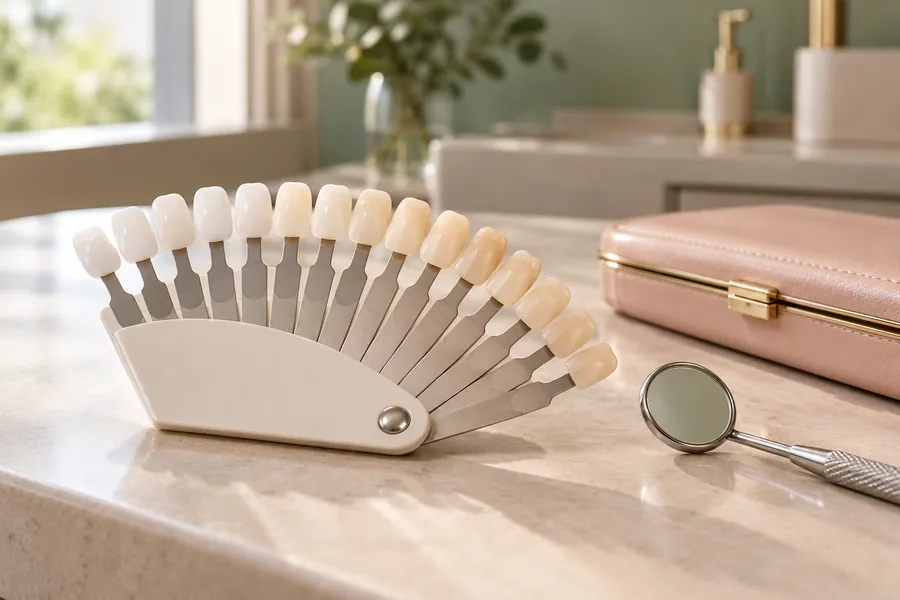 Escala de cores dental usada para escolher o tom das lentes