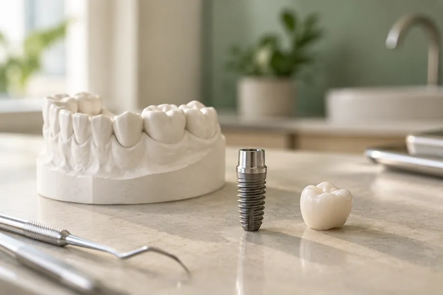 Implante dentário de titânio ao lado de uma coroa