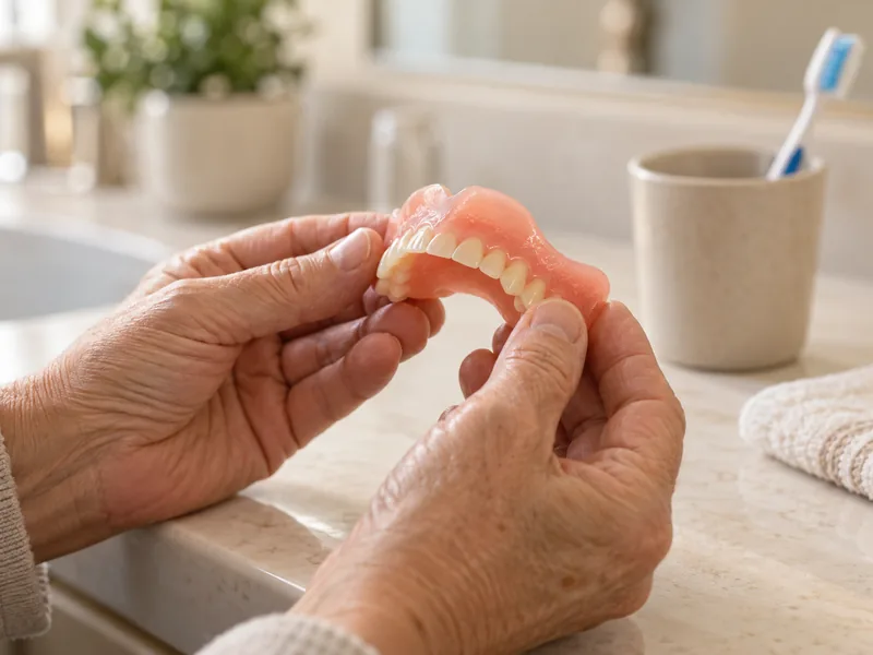 Mãos segurando uma dentadura